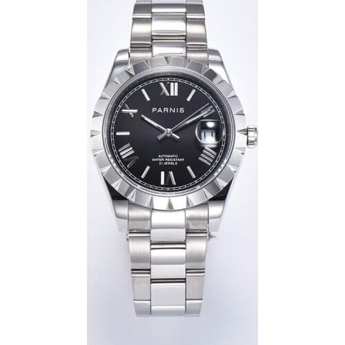 New Fashion Parnis Black Dial Roman Scale Automatic Mechanical Mens Watch Stainless Steel Bracelet Mens Watches with box gift