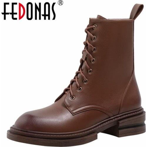 FEDONAS Motorcycle Boots Autumn Winter Women Ankle Boots Genuine Leather Neutral Casual Thick Heels Round Toe Zip Shoes Woman