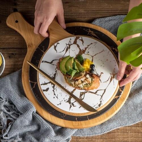 Round Ceramic Pizza Plate Chopping Board Marble Texture Steak Plates Solid Wood Pad With Handle