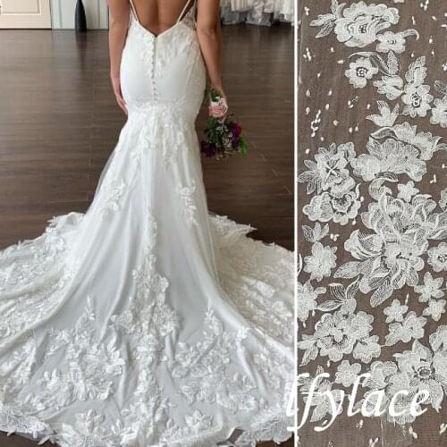LFY 2021 Last Off White Tulle Mesh Embrodiery FLower Lace Wedding Brdal Gown Lace Fabric DIY sewing Dress Fabric Textile