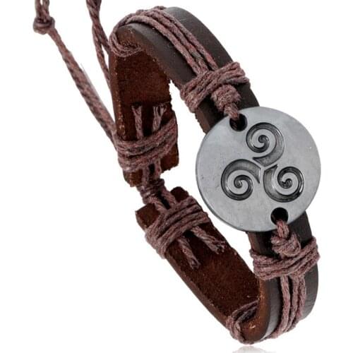 Fashion Vintage Retro Brown Genuine Leather Bracelet Waves Charm Handmade Wrap Rope Bangle Beach Wristbands Punk Casual Jewelry