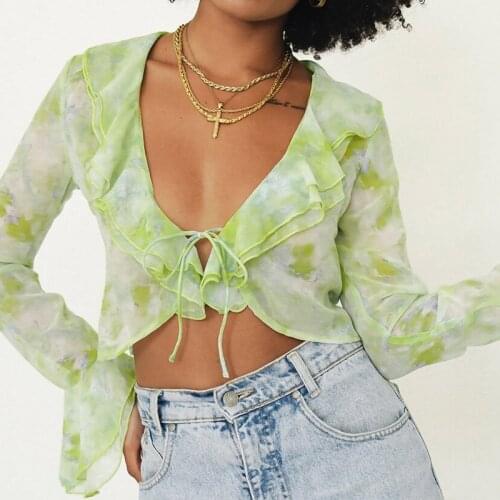 Fashion Women See-Through Lace Long Sleeve Beach Cropped Top Spring Summer Floral Print V Neck Ruffles Party Sexy T Shirts 2021