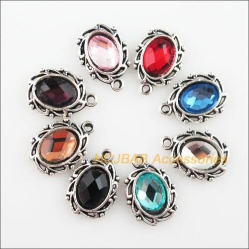 Fashion 16Pcs New Flower Charms Tibetan Silver Tone Retro Oval Mixed Crystal Pendants 11x15mm