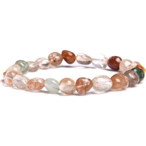 Irreguar Women Natural Rutilated Quartz Beads Bracelet Bangle Fashion Simple Elastic Pink Crystal Beaded Bracelet for Woman Gift