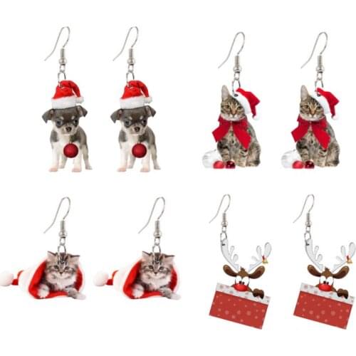 Novelty Earrings Korea Earrings Quirky Ornaments Christmas Santa Chihuahua Christmas Hat Kitten Bell Elk Christmas Tree Earrings