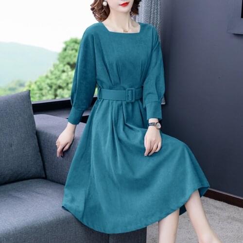Autumn Winter Casual Office Lady Solid Midi Dress 2021 Vintage Plus Size Blue Elegant Vestidos Bodycon Long Sleeve Party Dresses