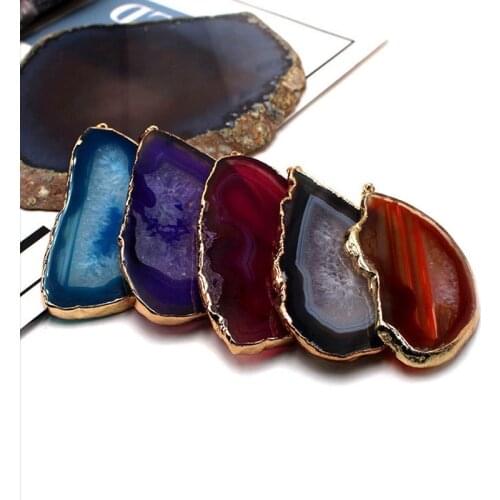 Natural Agate Big Size Color Stone Necklace Irregular Shape with Gold Plating Pendant Natural Crystal Pendant