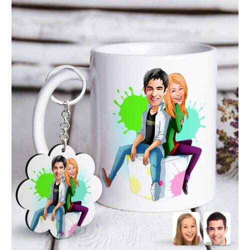 Personalized Valentine Caricature Of White mug And Keychain Gift Seti-35