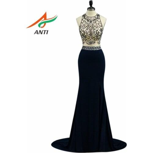 ANTI Dark Blue Mermaid Prom Dresses O Neck Beadings Prom Gowns Illusion Floor Length Cut-out Graduation Party Dresses Robe
