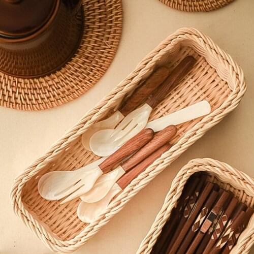 Pastoral Style Rattan Woven Storage Box Organizer For Tableware/Cosmetics/Snacks Creative Desktop Multi-purpose Storage Basket