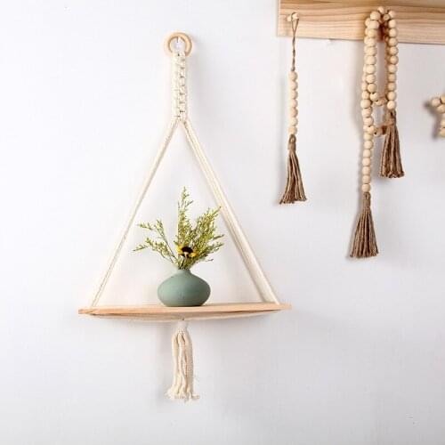 Hand-Woven Macrame Tapestries Rack Wooden Shelves for Wall Bohemian Wood Hanging Shelf Organizer for Indoor Floating Decoration