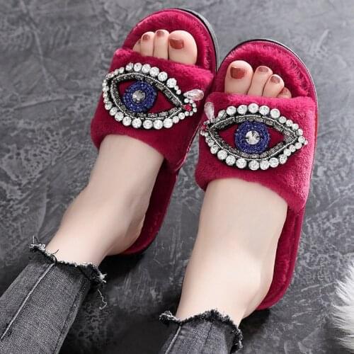Glitter crystal eye string bead women slides winter warm flat fur slippers solid casual brief slip-on lazy flip flops 36-41 size