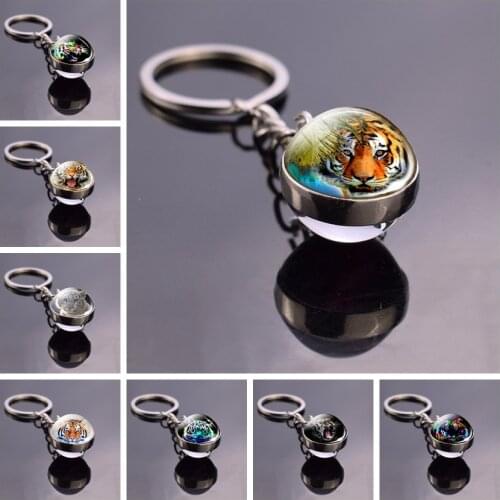 Ferocious Tiger Pattern Keychain Double-Sided Glass Ball Tiger Pendant Jewelry Keyring Animal Car Chainkeychain Accessories Gift