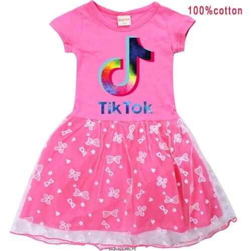 Tik Tok Girls Kids Cotton Shirt Gauze Mesh Cartoon Print Princess Dress Children Baby Birthday Party Clothes