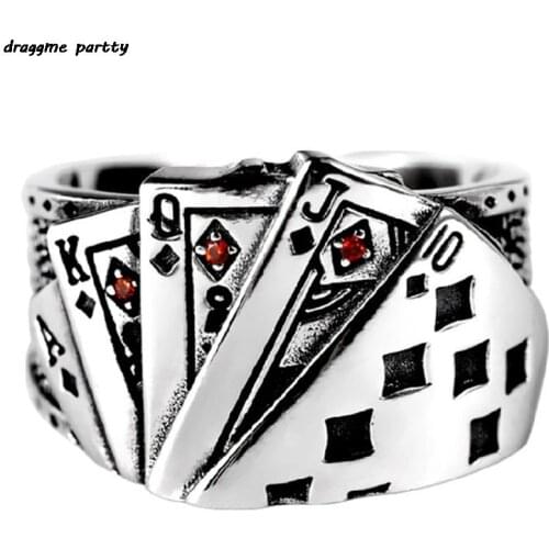 Vintage Magician Playing Card Mens Opening Ring Retro Hip Hop Texas Poker Tonghuashun Casting Ring