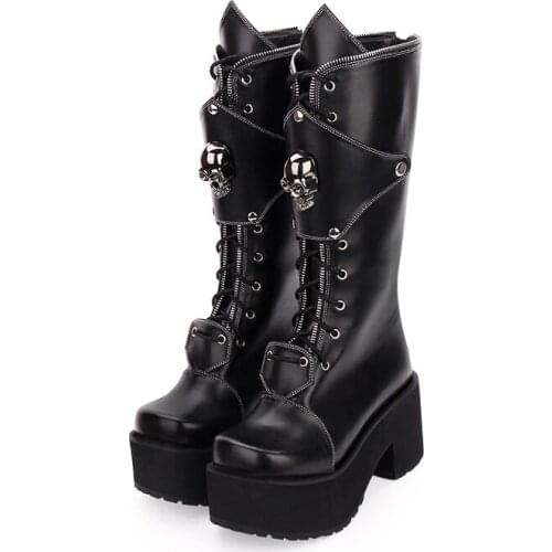 Womens Gothic Punk High Boots Thick Platform Chunky Heels Skull Lace-up Cosplay Boots