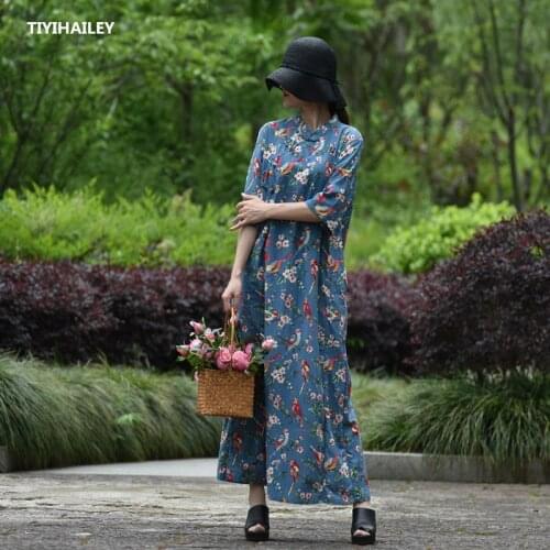 TIYIHAILEY Free Shipping 2020 Vintage Print A-line Long Maxi Dress Women half Sleeve Loose Dress Summer Cotton Linen Cheongsam