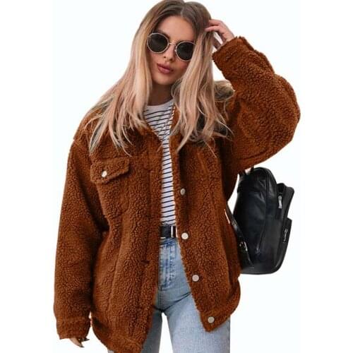 Women Turn Down Collar Single Button Pockets Casual Coat Long Sleeve Fleece Warm Coat 2020 Winter New Office Lady Sweater Coat