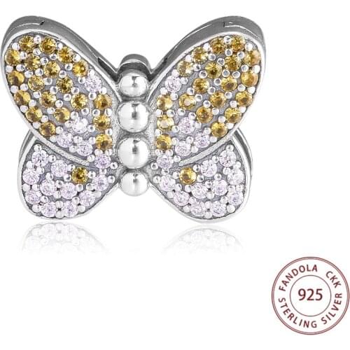 100% 925 Sterling Silver Reflexions Bedazzling Butterfly Clip Charms Fits Original Pandora Bracelet Stopper Beads Fine Jewelry