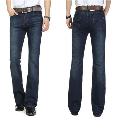 2021 New Retro Mens Jeans Trousers Mid Waist Elastic Slim Elegant Boot Cut Semi-Flared Bell Bottom Blue Denim Pants 26-38