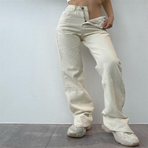 2021 Vintage White Women Flared Jeans High Waist Denim Trousers Female Streetwear Boot Cut Mom Jeans Wide Oversize Pants Autumn