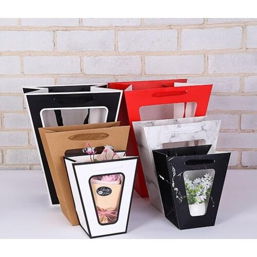 50pcs/lot 3 Size Colorful Trapezoidal Flower Gift Bag Plant Potted Packaging Bag Transparent Window Handbag Factory wholesale