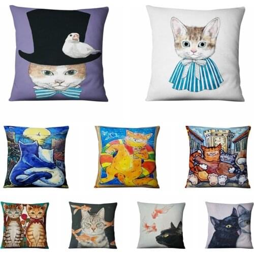 American Meow Art Printed Thin Linen Pillowcase Cartoon Cat Illustration Cushion Decorative Pillow Home Decor Sofa Throw Pillow
