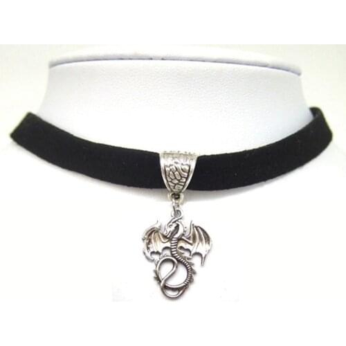 Antique Silver Color Dragon Charm Pendant Black Faux Suede Leather Choker Necklace