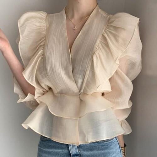 Long Sleeve Blouse Women Ruffles V-Neck Apricot Chiffon Blouse Shirt Tops Women Blusas Mujer De Moda 2021 Blouses Top Femme E962
