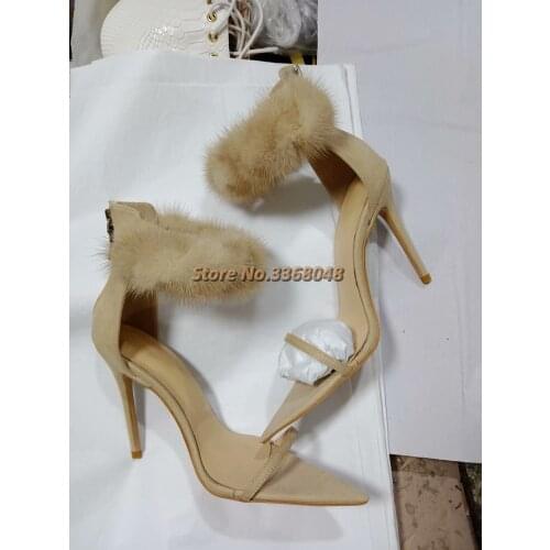 Fur Thin High Heel Sandals Sexy Pointed Toe Back Zipper Nude Women Shoes Real Picture Cover Heel Manufacturer Dress Sandals