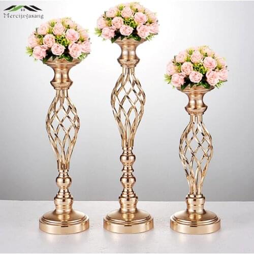 Mercijzyasang Gold Flowers Vases Candle Holders Road Lead Table Centerpiece Metal Stand Pillar Candlestick For Wedding Party 59