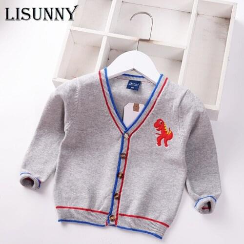 Boys Baby Sweater Children Coat 2021 New Autumn Baby Sweater V-neck Cardigan Cartoon Embroidered Dinosaur Kids Clothes 0-5y