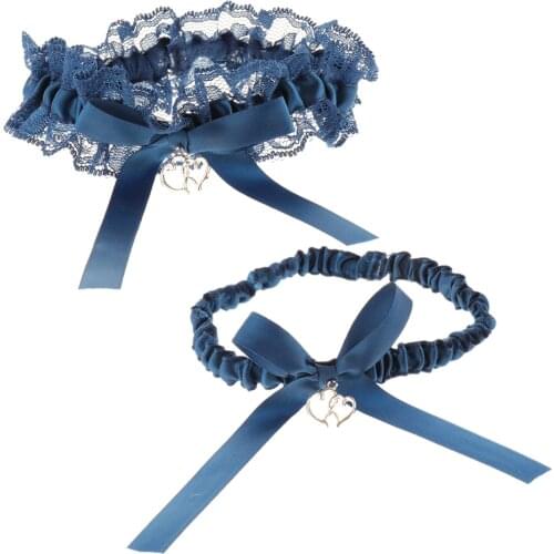 Pack of 2 Elegant Wedding Bridal Bowknot Love Heart Pendant Lace Garter Throwaway Toss Leg Ring Blue One Size