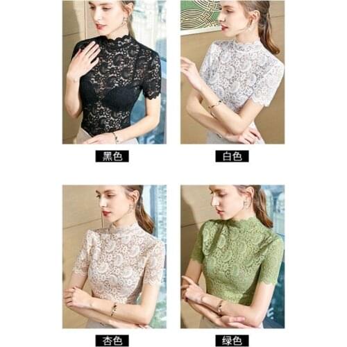 Tufaha Lace Blouse Female Summer Half Sleeve Short Sleeve T Shirt Sexy Hollow Wavy Edge Half High Collar Tops Women 2020