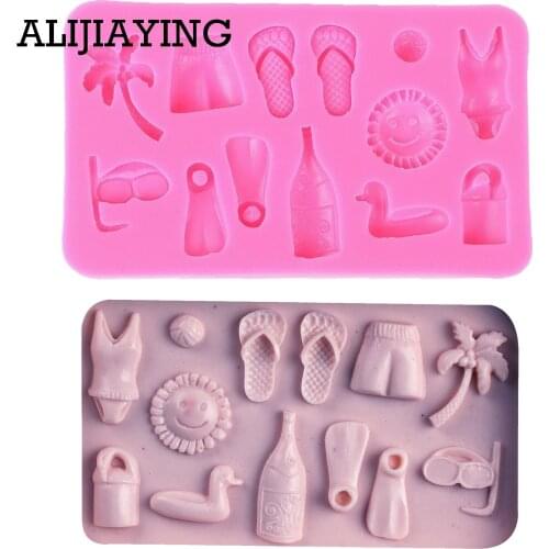 M0427 1Pcs Summer Beach Sun Slipper glasses Swimsuit Shorts Silicone Mold DIY party cake Decorating Tools