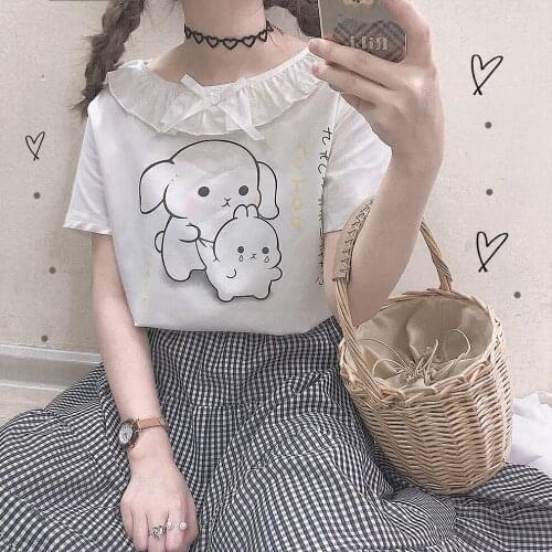 "Crying Rabbit" Sweet Womens Cotton T-Shirt Ruffled Collar Loose Tee Blouse Short Sleeve Summer Tops Cute Girls White
