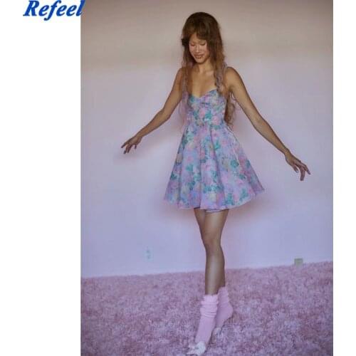 Organza Floral Mini Dress Summer Boho BeachDress Cute Ruffles Sleeveless Backless Sexy Women Holiday Casual Chic Dress