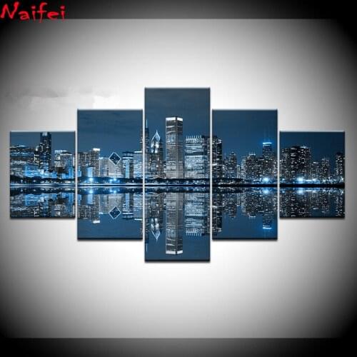 5 pcs diy diamond embroidery Chicago City Night River City Building full drill diamond painting mosaic cross stitch,home decor