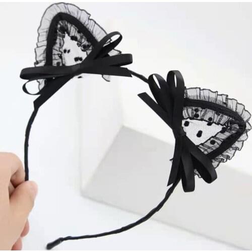 New Cute Black Hairbands Lace Mesh Yarn Bow Cat Rabbit Ears Hair Band Festival Performance Decoration Women Hair Accessories