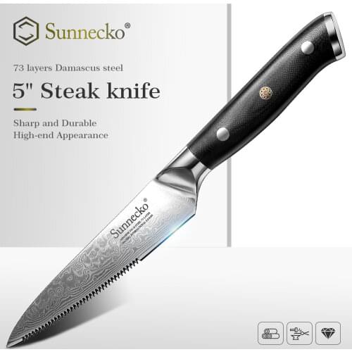 SUNNECKO 5" inches Steak Knife Japanese VG10 Steel Blade Razor Sharp Meat Cut Kitchen Knives G10 Handle Damascus Cutter Tool