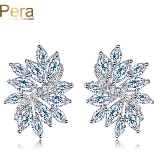 Pera Korean Style Silver Color Jewelry Big Ear Hollow Out Geometric Snowflake Cubic Zirconia Stud Earrings For Women Party E039