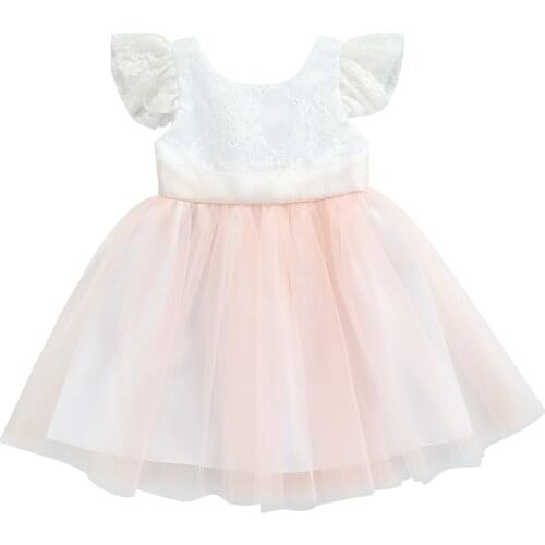 Little Girls Tulle Dress, Cute Ruffle Sleeve Crew Neck Floral Lace Princess Dress with Bow Sash