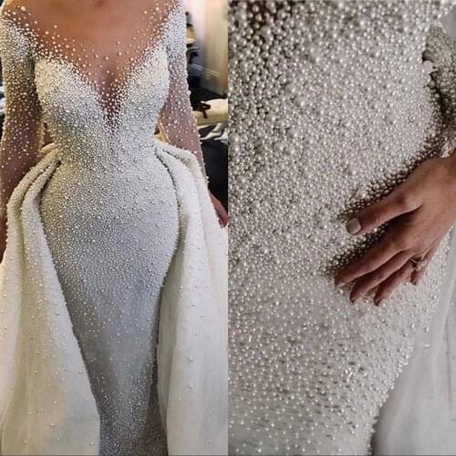 Luxury Pearls Beading Wedding Dresses 2020 With Detachable Skirt Long Sleeve Wedding Gowns Illusion Back Robe De Mariee