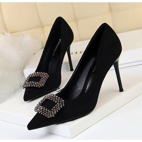 Rhinestone heels yellow shoes bigtree shoes extreme high heels stiletto Pointed Top evening shoes black heels big size 43 buty