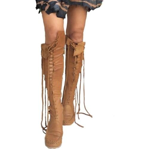 High Quality New PU Leather Boots For Women Sexy Lace-up Over The Knee Boots With Tan Laces Moccasin Style Boots Women Big size