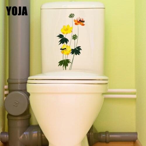 YOJA 12.2X23.6CM Creative Home Decor Wall Sticker Toilet Decal Yellow Orange Golden Lotus Ant T5-1395