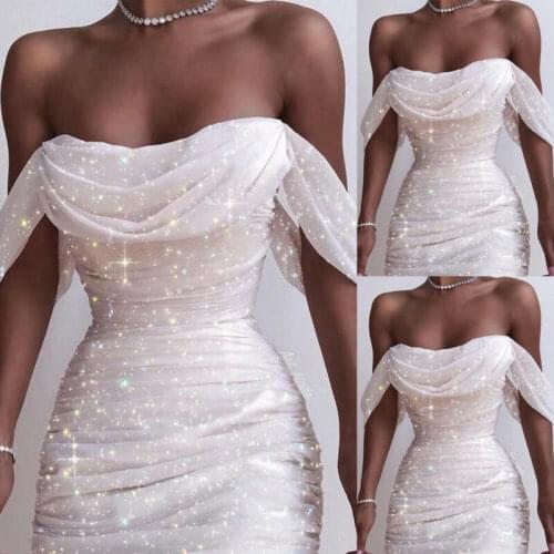 Women Bodycon Slim Off Shoulder Sequin Dresses Jumper Party Club Mini Dress Strapless Formal Birthday White Dresses