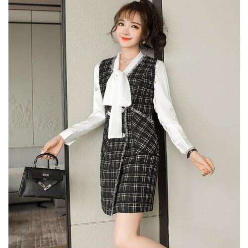 High Quality Fabric Elegant Plaid Formal Women Business Suits with Dress and Blouses for Ladies Office OL Styles Work Wear Set