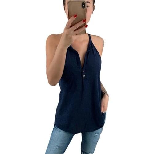 V Neck button Halter Sexy casual Camisole Top Solid Color 2021 Summer Women sleeveless Sleeveless Camis Womens Clothing Tanks