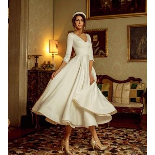 New Arrival Short A-Line White Prom Dresses Elegant V-neck Robe de soiree Elegant Tea-Length Evening Dress Vestidos 2020 Simple